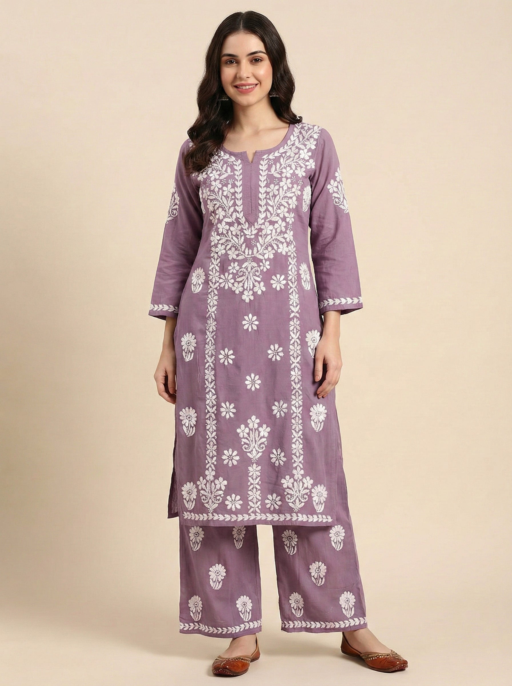 Women Floral Embroidered Regular Chikankari Kurta with Palazzos