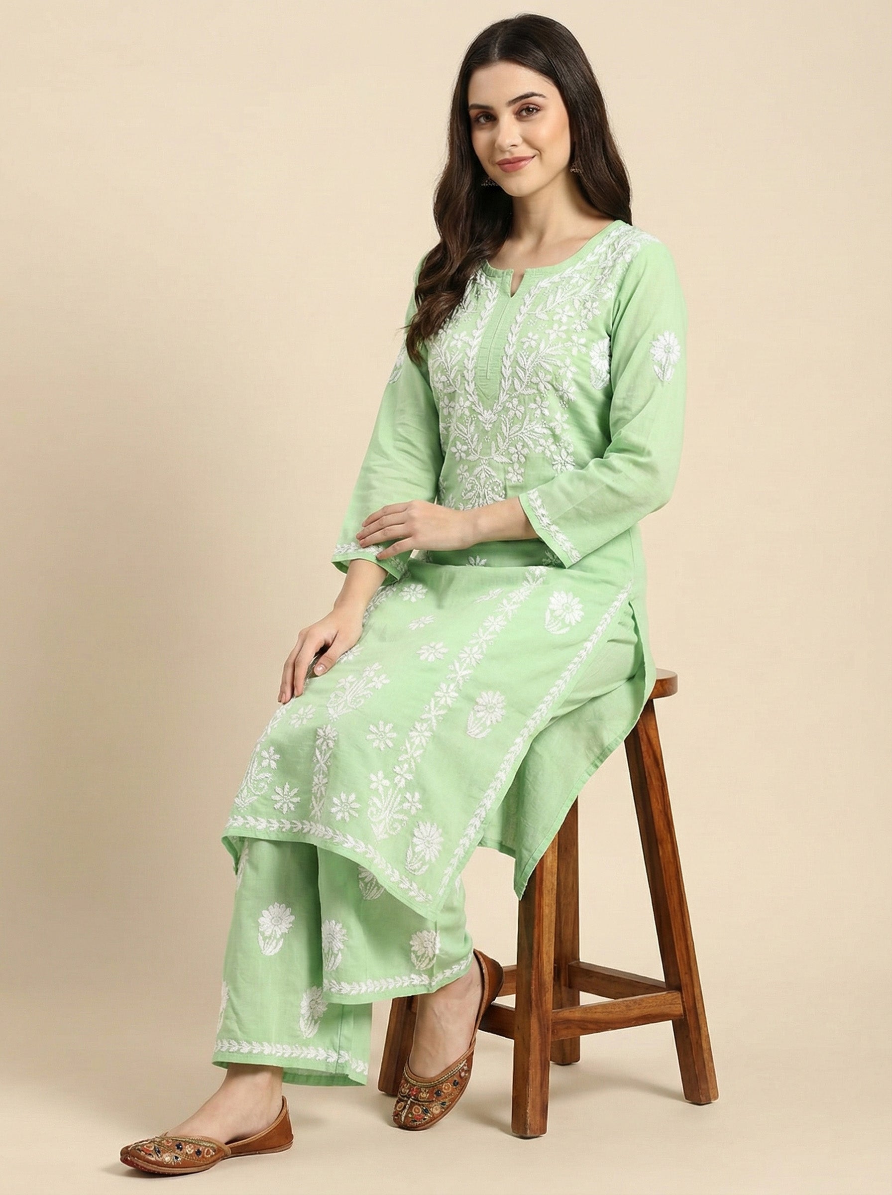 Women Floral Embroidered Regular Chikankari Kurta with Palazzos