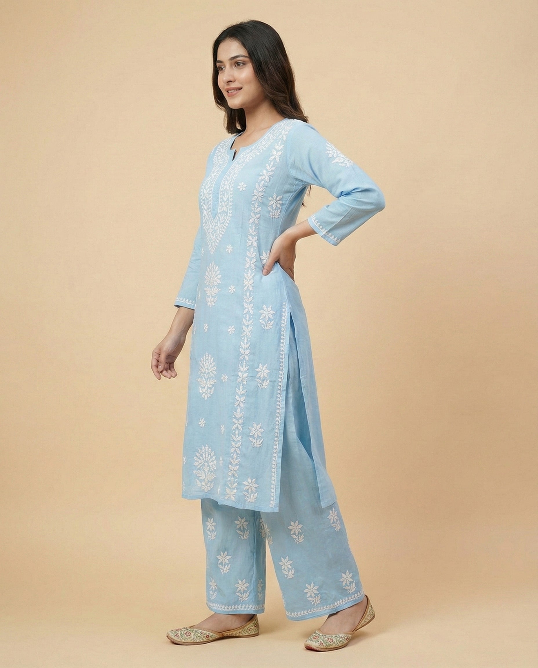 Women Floral Embroidered Regular Chikankari Kurta with Palazzos