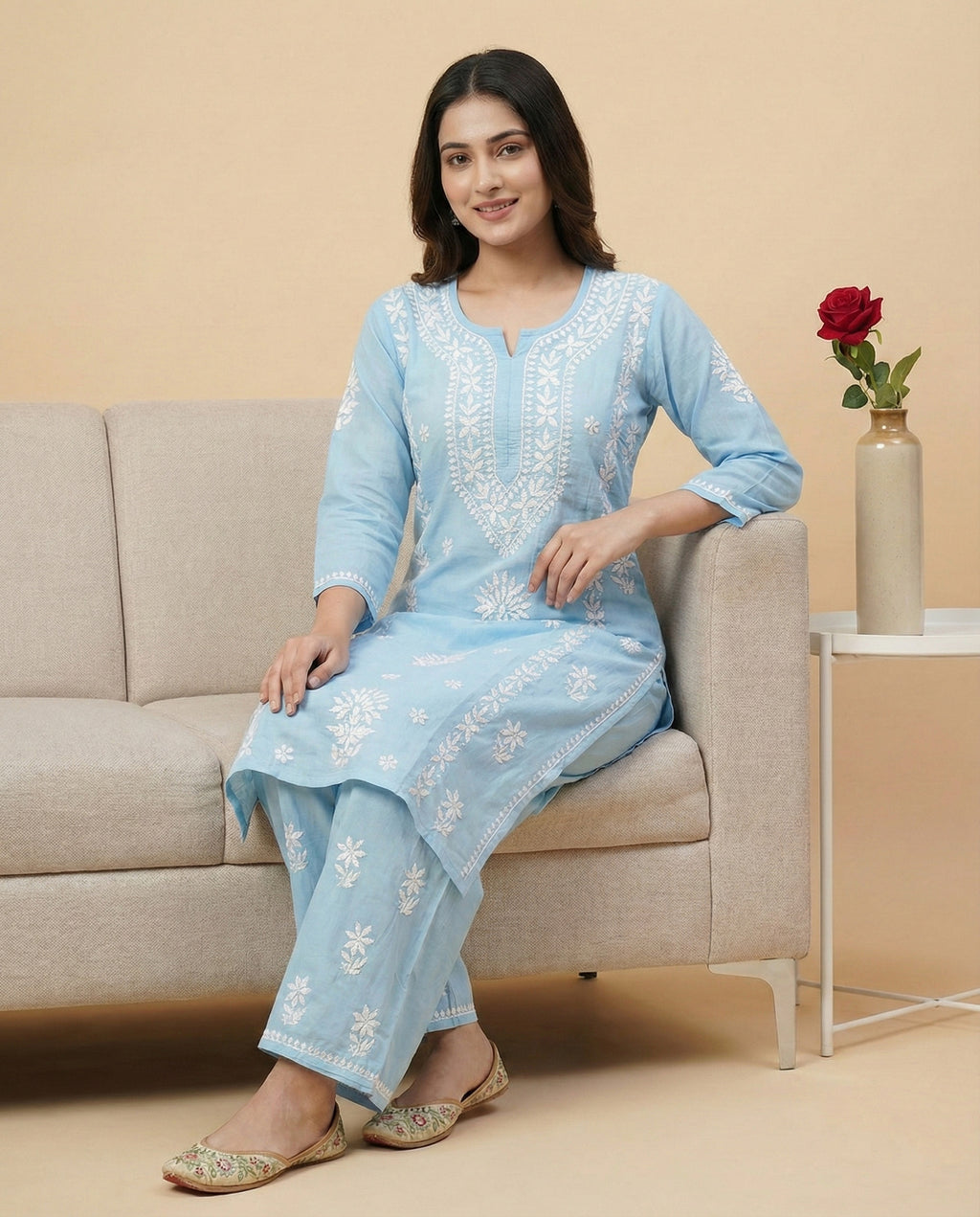 Women Floral Embroidered Regular Chikankari Kurta with Palazzos