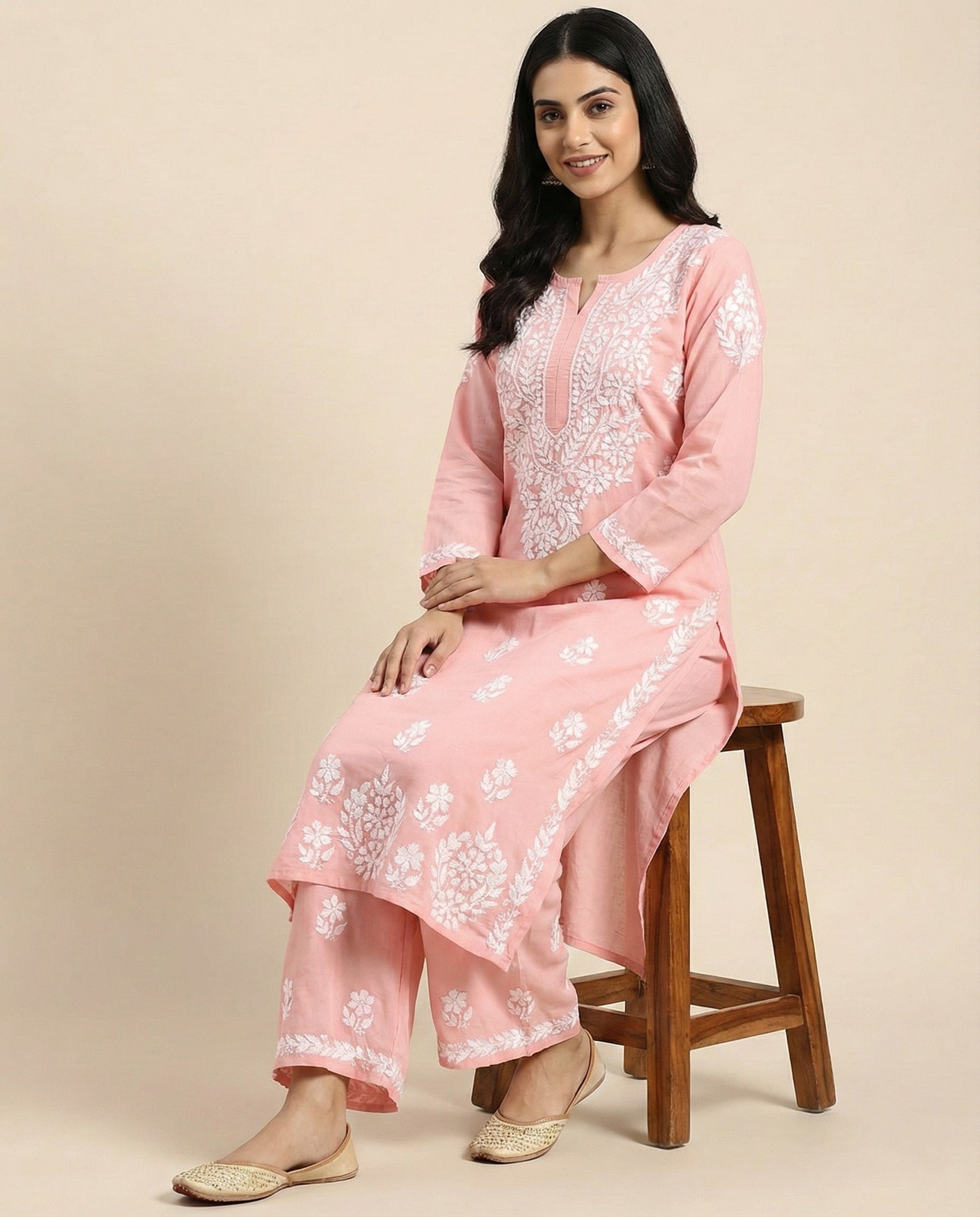 Women Floral Embroidered Regular Chikankari Kurta with Palazzos