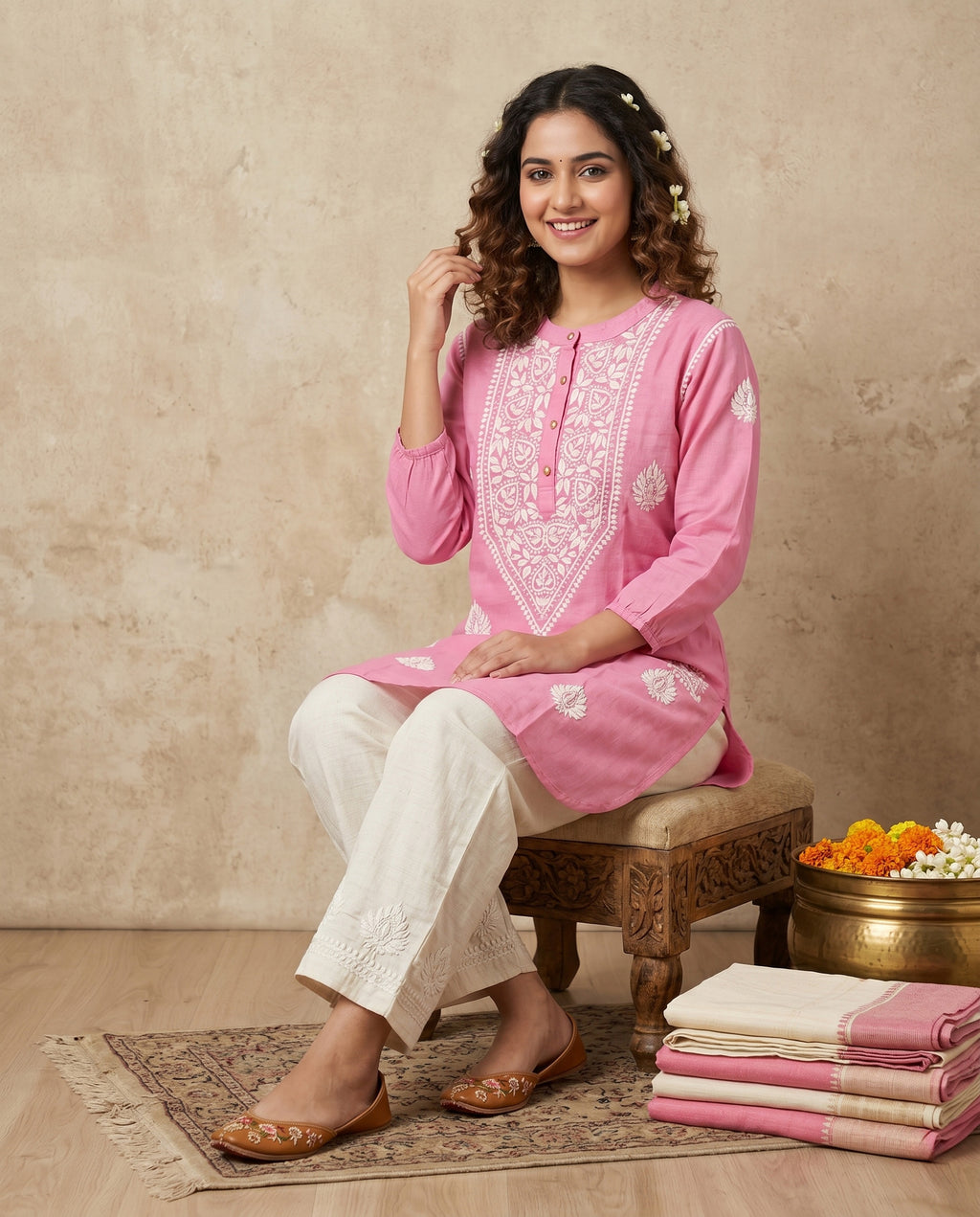 Women Ethnic Motifs Embroidered Regular Chikankari Kurta with Palazzos