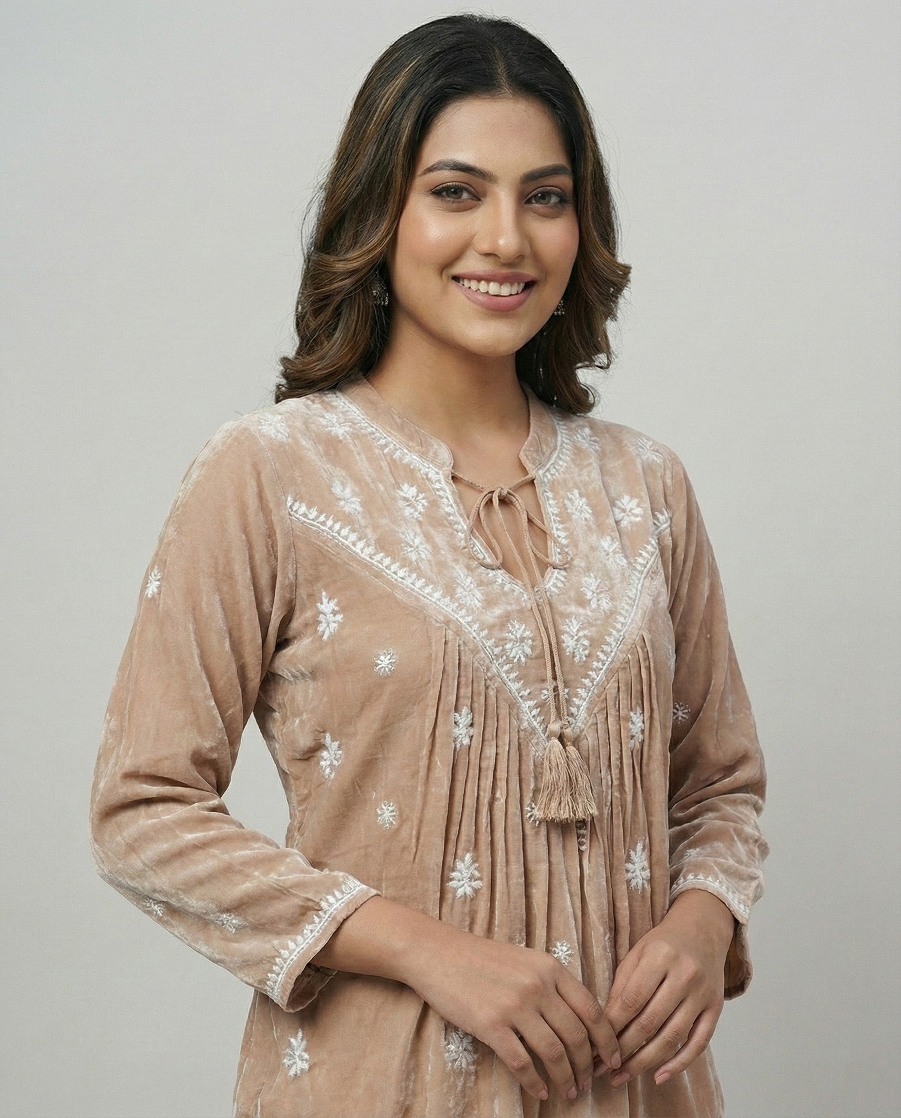 Ethnic Motifs Embroidered V-Neck Thread Work Pure Crepe Thread Work Empire Kurti