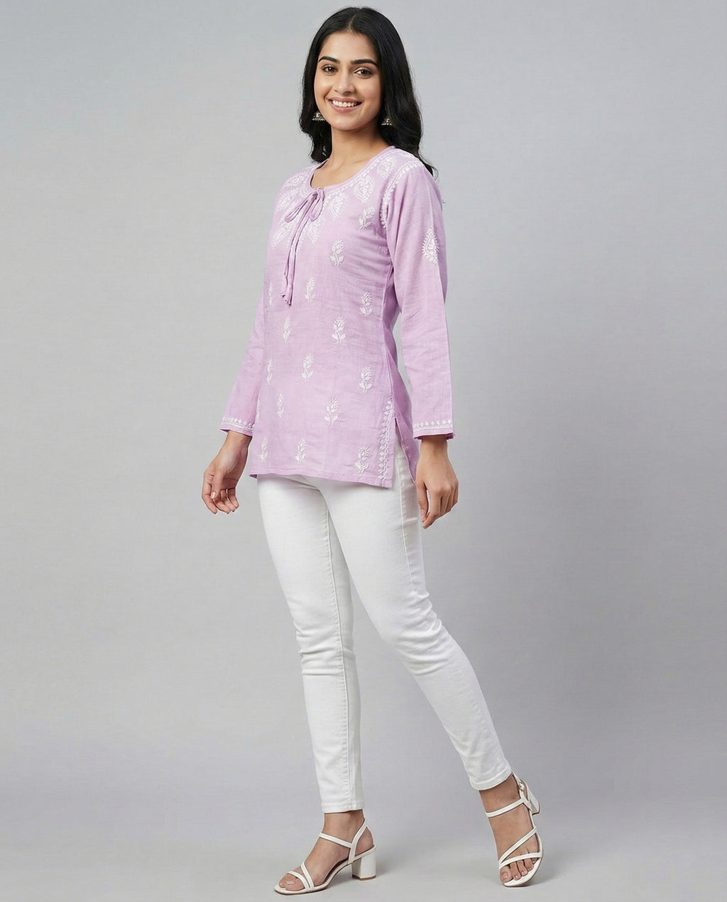 Ethnic Motifs Embroidered Chikankari Linen Chikankari Kurti