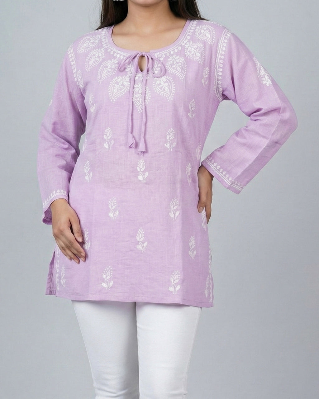 Ethnic Motifs Embroidered Chikankari Linen Chikankari Kurti