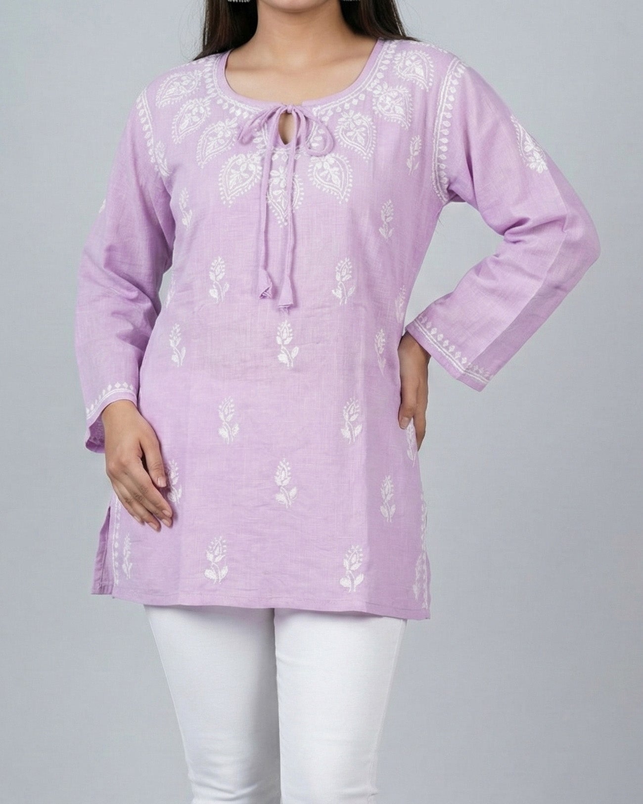 Ethnic Motifs Embroidered Chikankari Linen Chikankari Kurti
