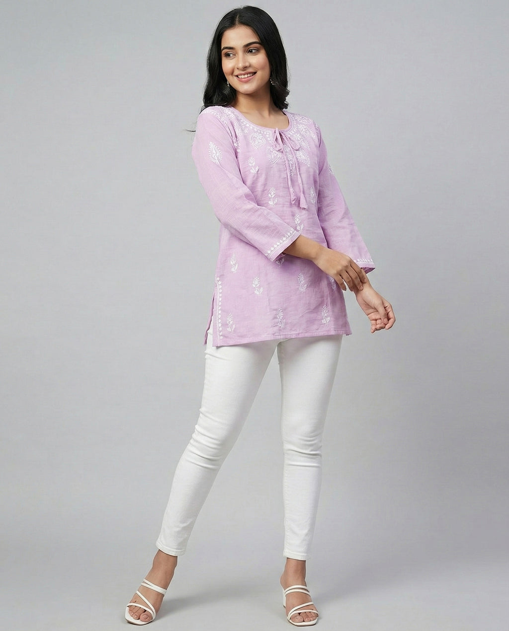 Ethnic Motifs Embroidered Chikankari Linen Chikankari Kurti
