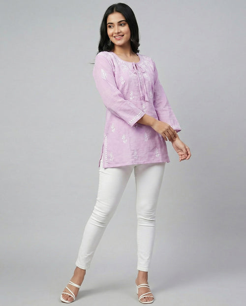 Ethnic Motifs Embroidered Chikankari Linen Chikankari Kurti