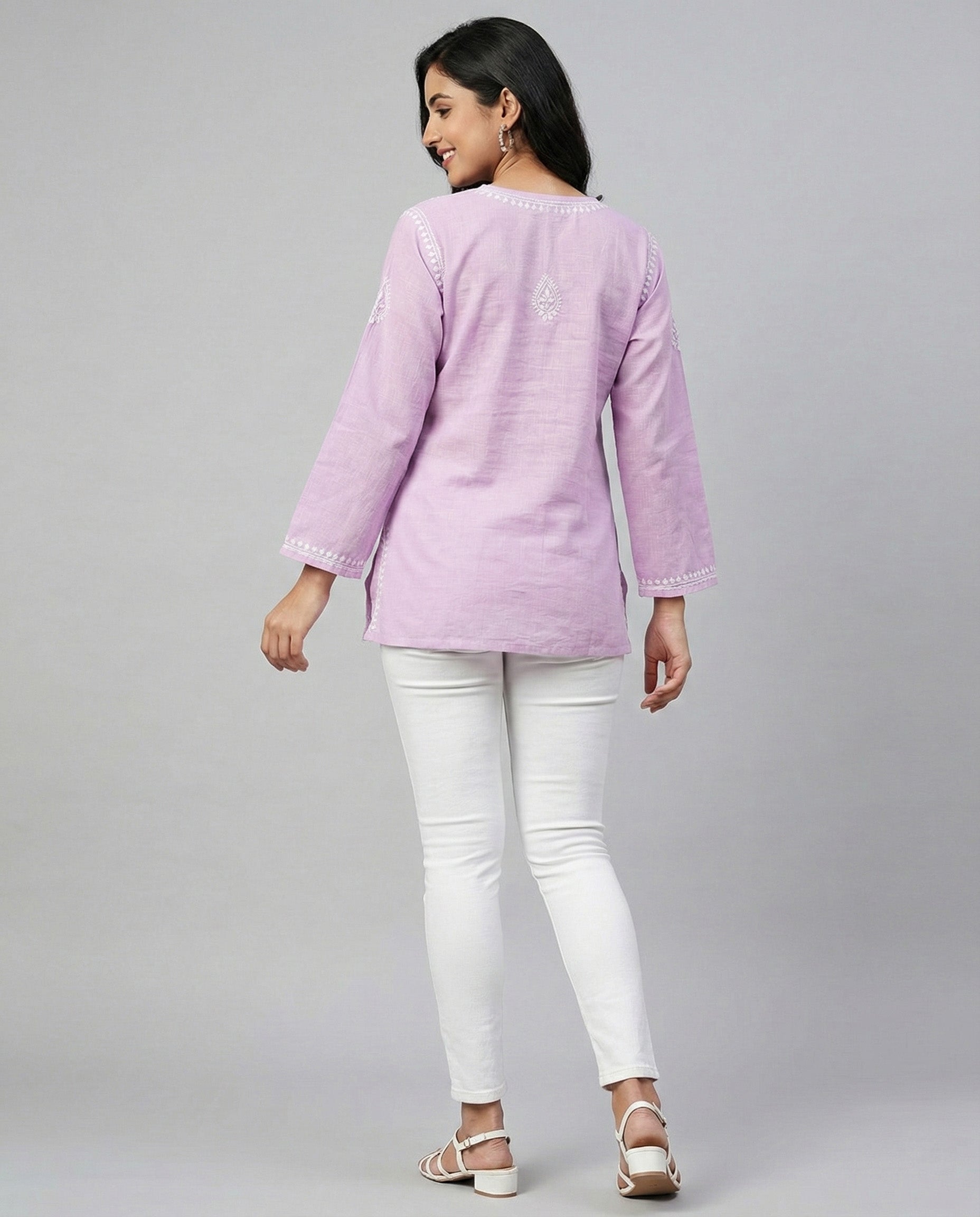 Ethnic Motifs Embroidered Chikankari Linen Chikankari Kurti