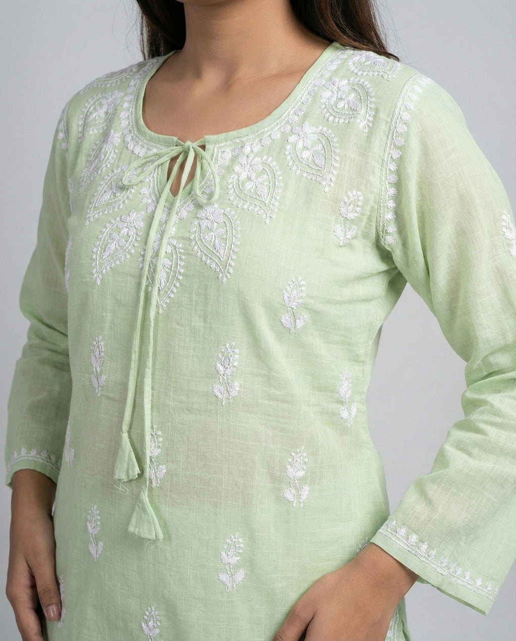 Ethnic Motifs Embroidered Chikankari Linen Chikankari Kurti