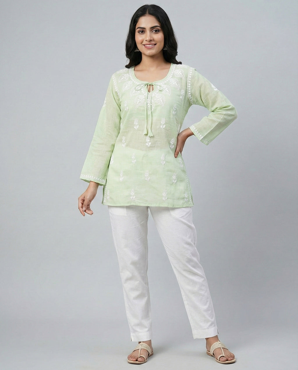 Ethnic Motifs Embroidered Chikankari Linen Chikankari Kurti
