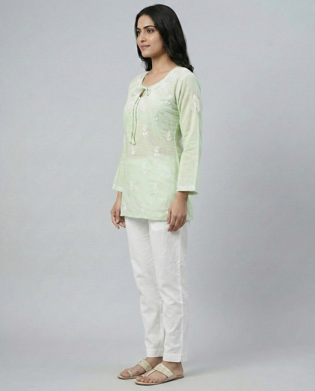 Ethnic Motifs Embroidered Chikankari Linen Chikankari Kurti