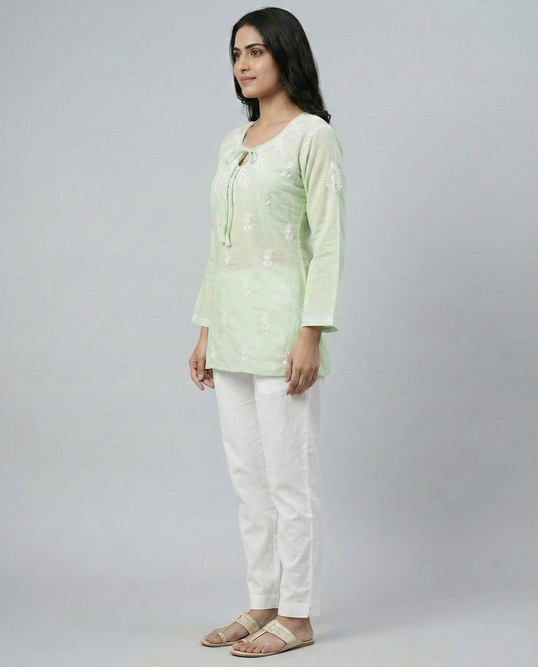 Ethnic Motifs Embroidered Chikankari Linen Chikankari Kurti