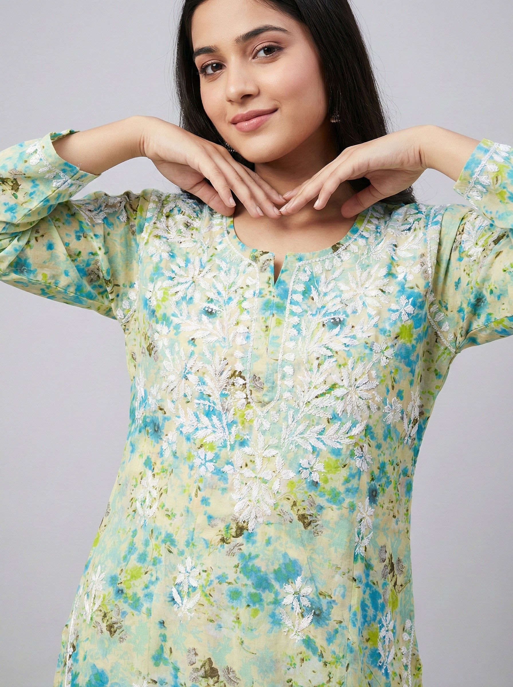 Floral Embroidered Chikankari Pure Cotton Chikankari Kurti