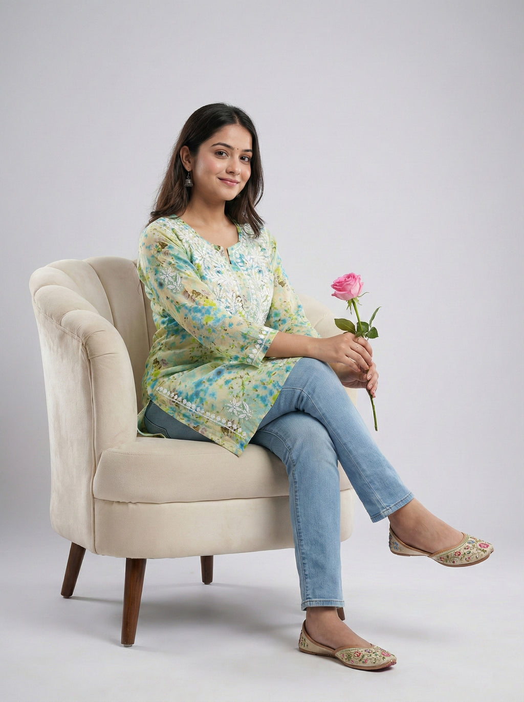 Floral Embroidered Chikankari Pure Cotton Chikankari Kurti