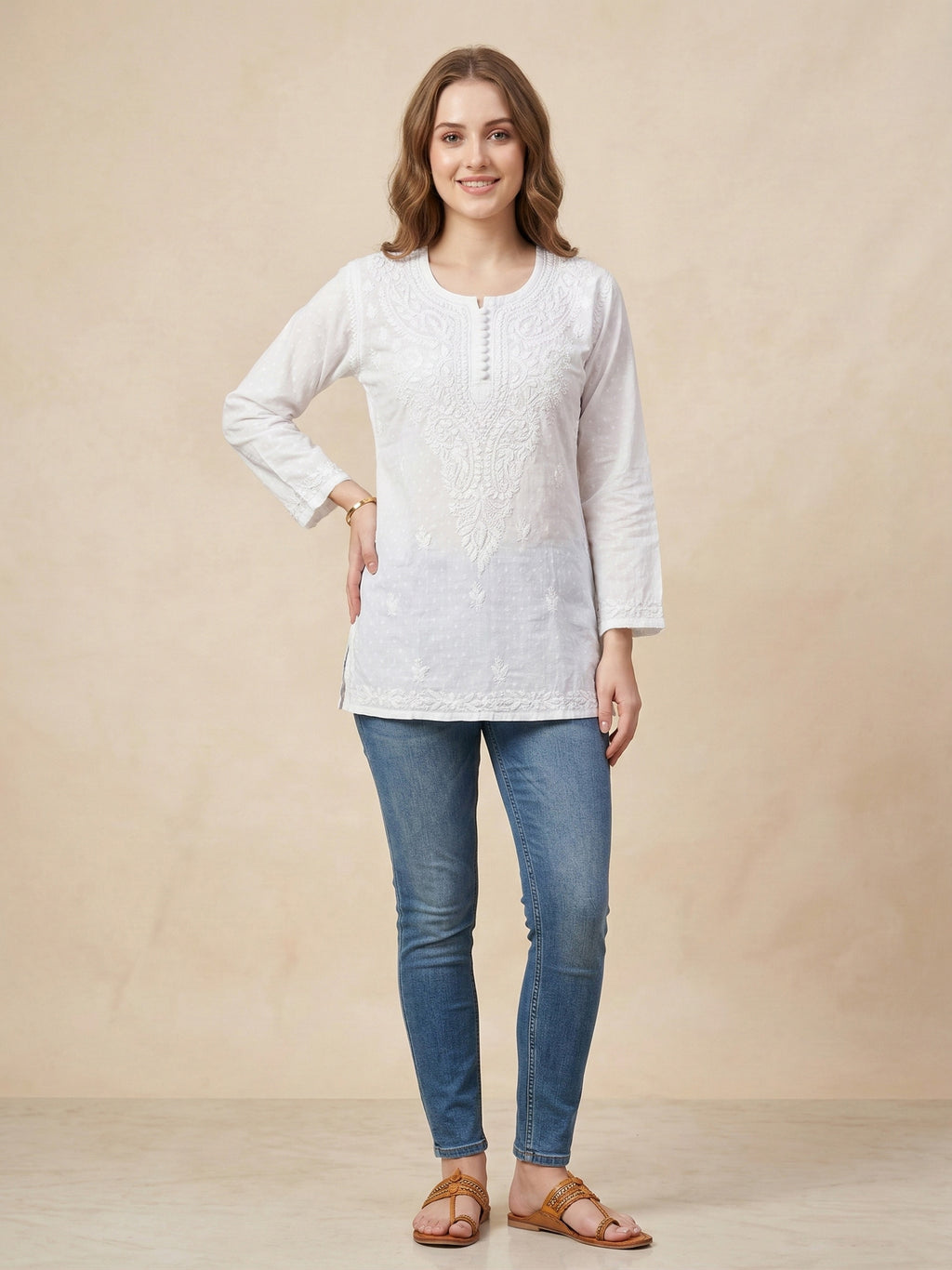 Ethnic Motifs Embroidered Chikankari Pure Cotton Chikankari Kurti