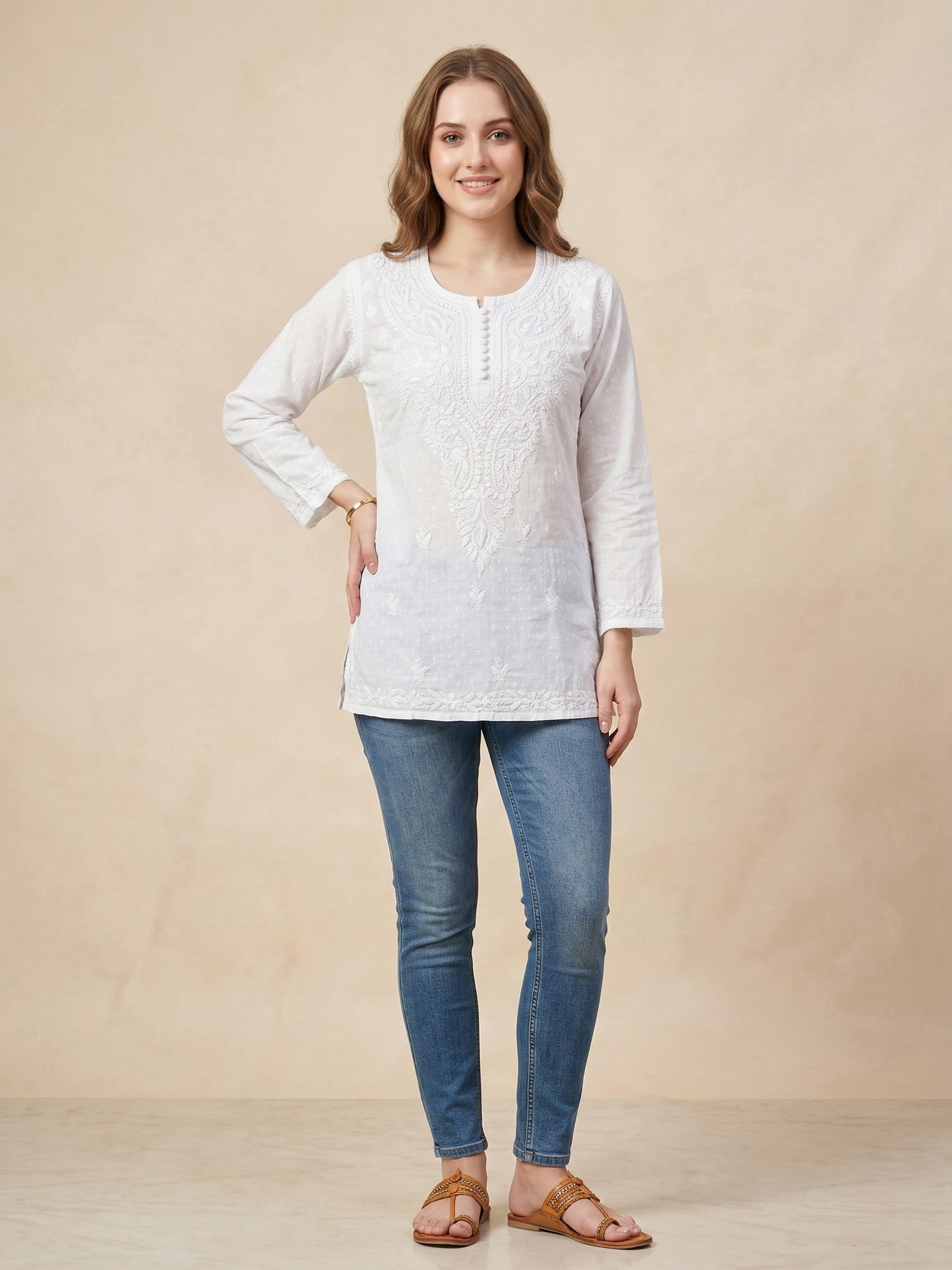 Ethnic Motifs Embroidered Chikankari Pure Cotton Chikankari Kurti