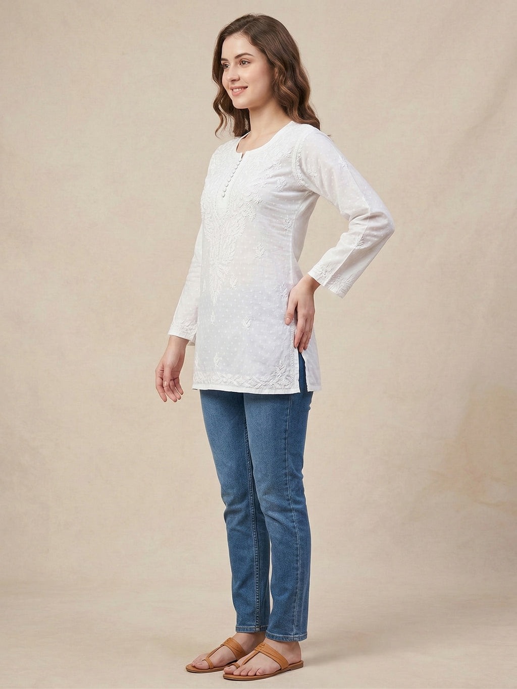 Ethnic Motifs Embroidered Chikankari Pure Cotton Chikankari Kurti