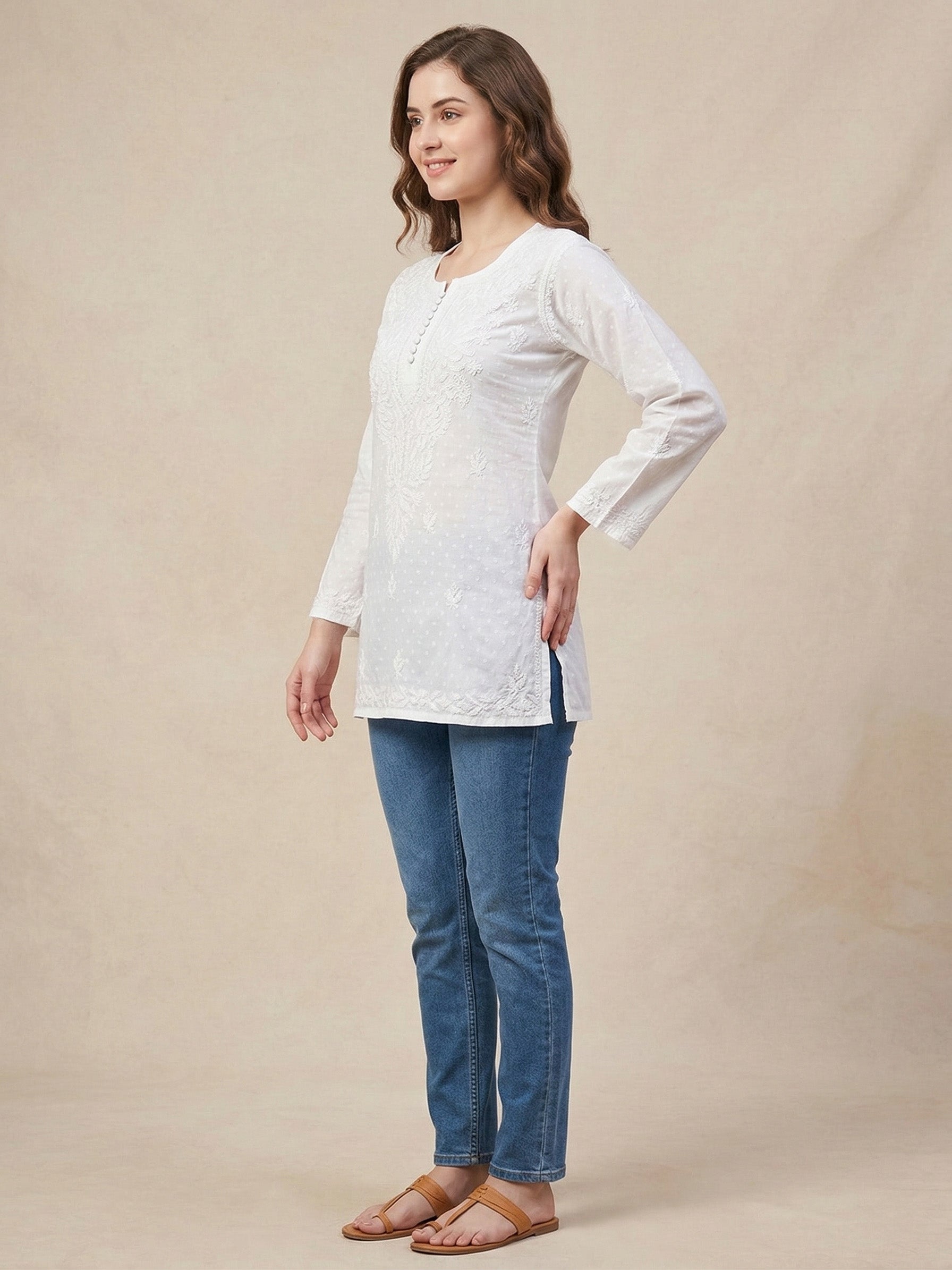 Ethnic Motifs Embroidered Chikankari Pure Cotton Chikankari Kurti