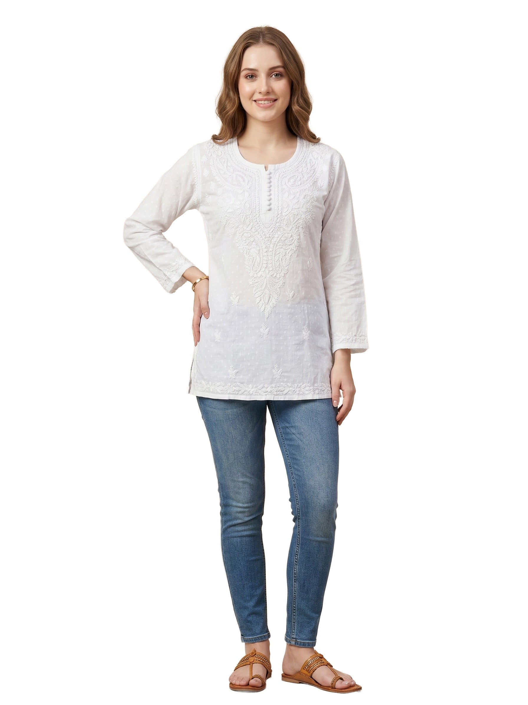 Ethnic Motifs Embroidered Chikankari Pure Cotton Chikankari Kurti