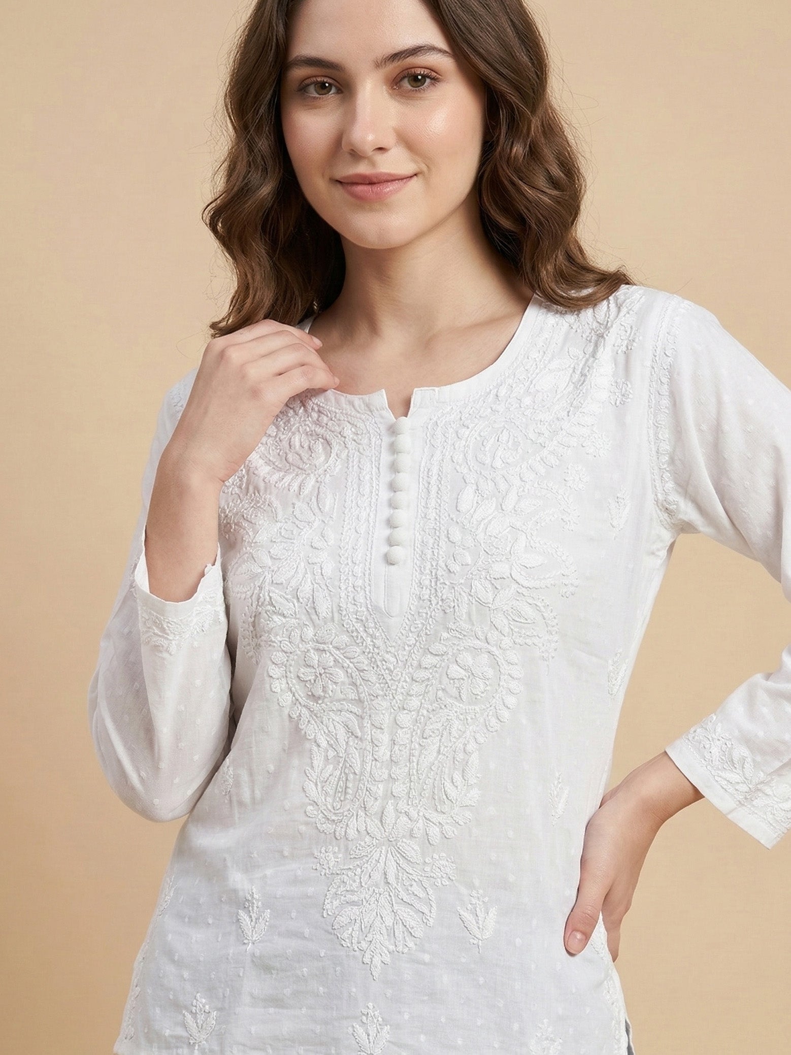 Ethnic Motifs Embroidered Chikankari Pure Cotton Chikankari Kurti