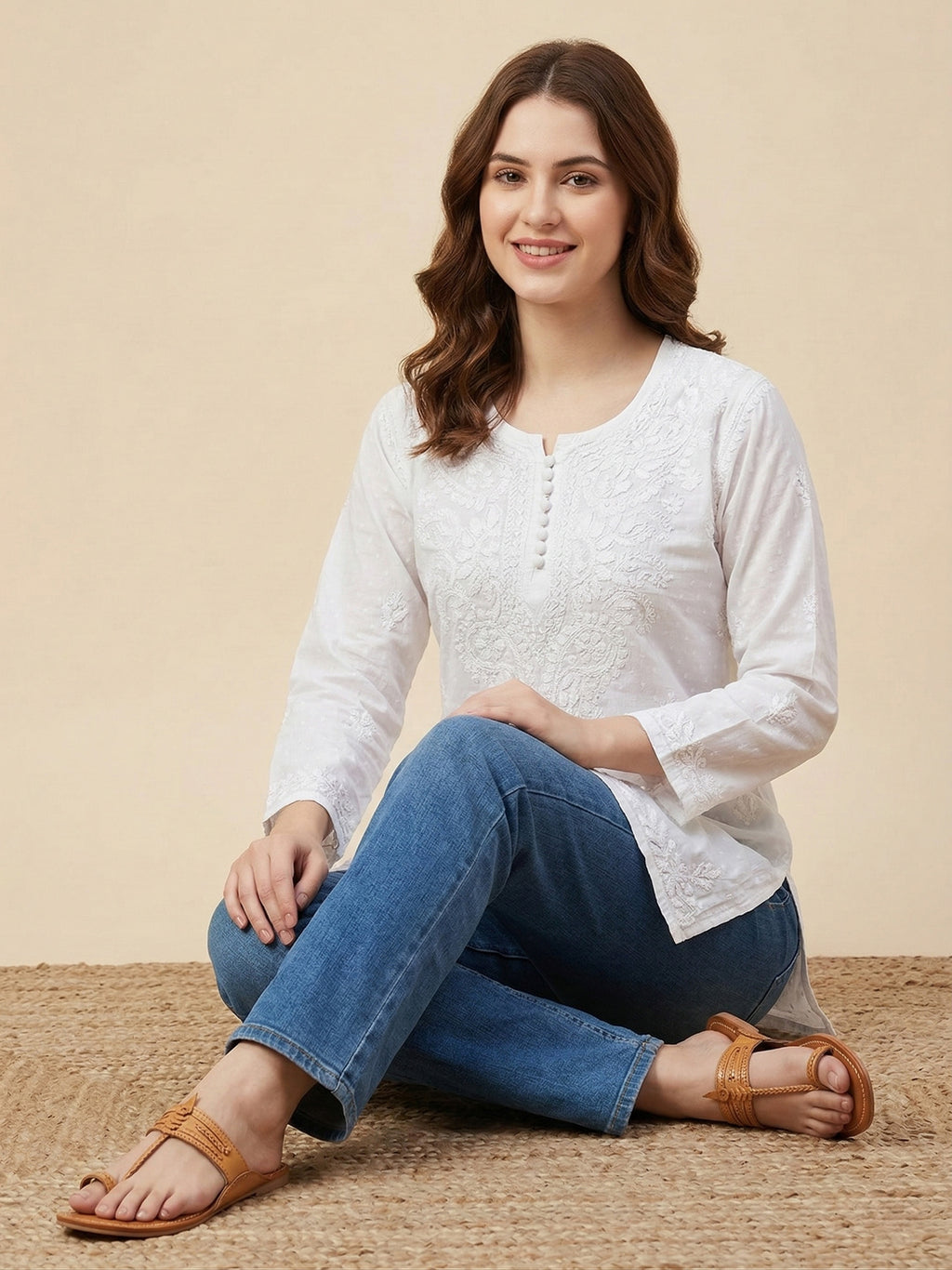 Ethnic Motifs Embroidered Chikankari Pure Cotton Chikankari Kurti