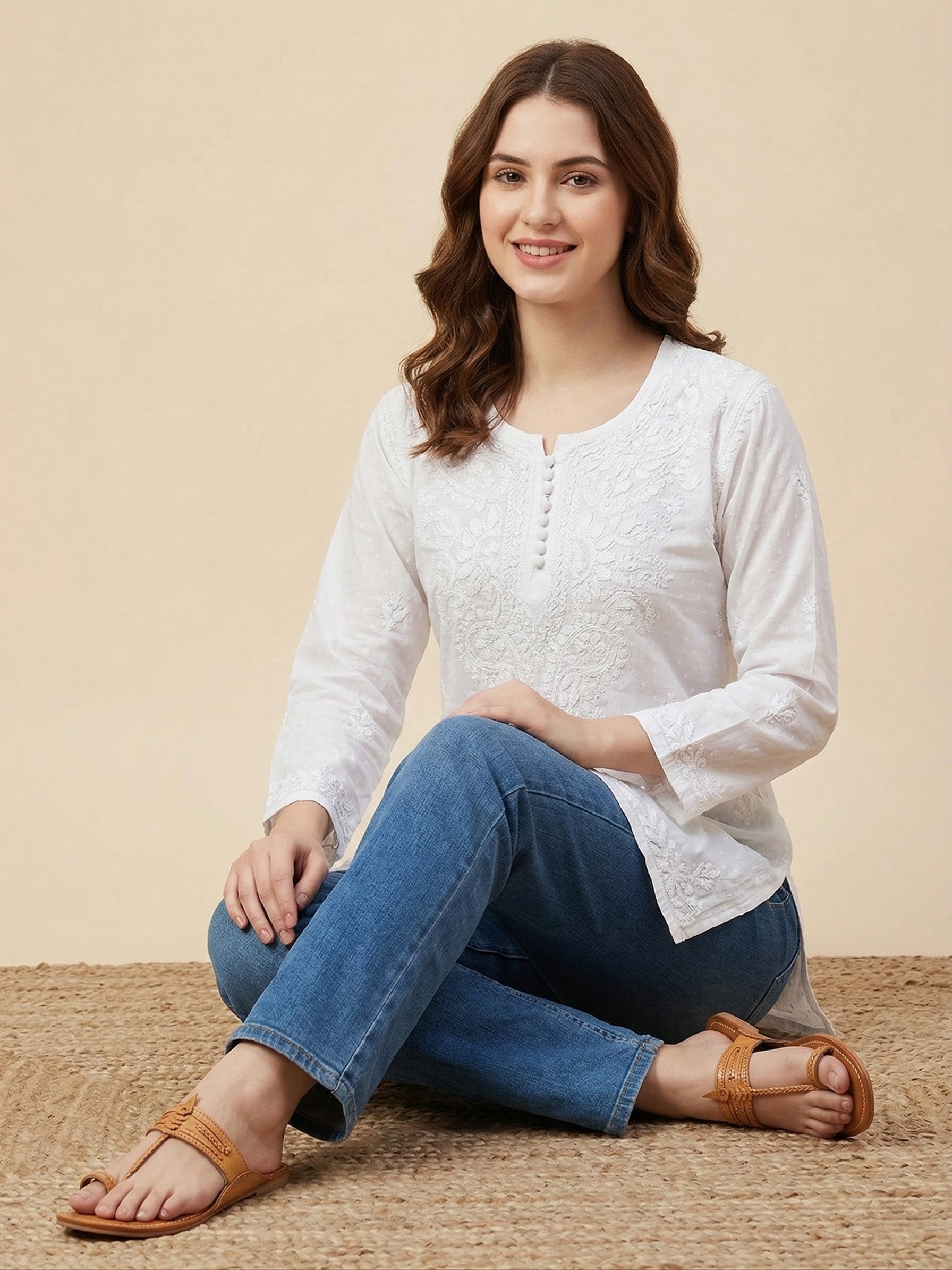 Ethnic Motifs Embroidered Chikankari Pure Cotton Chikankari Kurti
