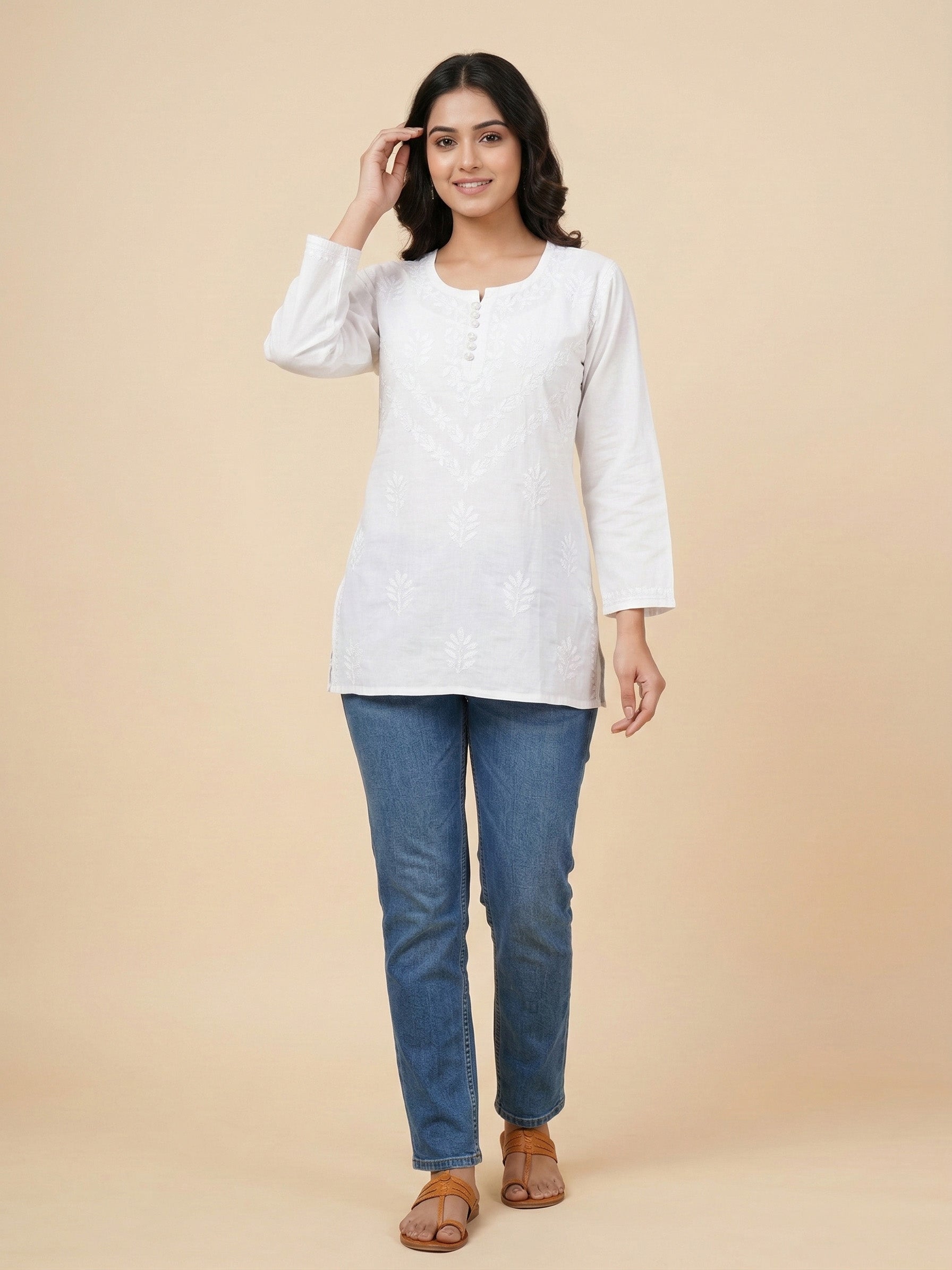 Ethnic Motifs Embroidered Chikankari Pure Cotton Chikankari Kurti