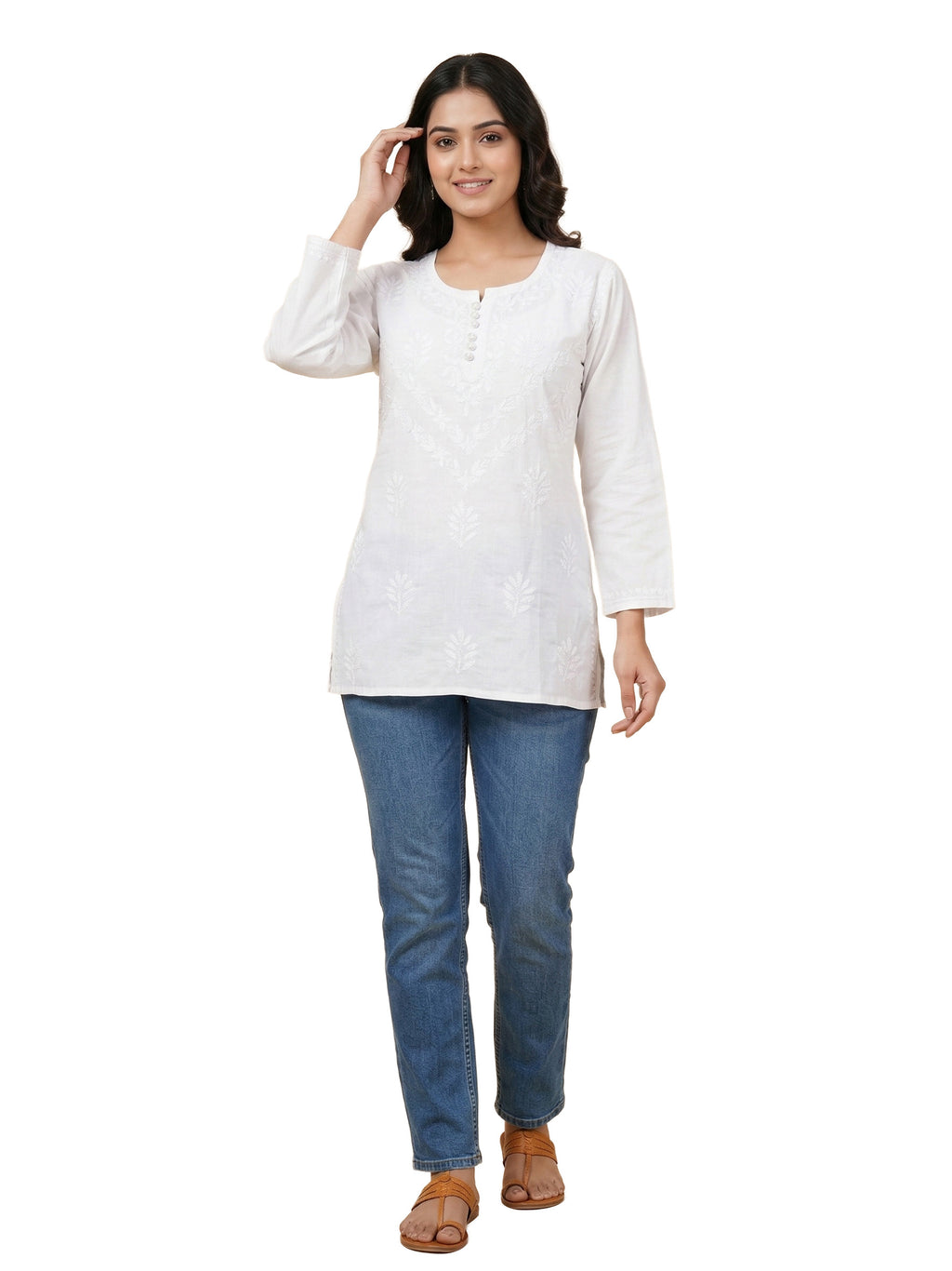 Ethnic Motifs Embroidered Chikankari Pure Cotton Chikankari Kurti