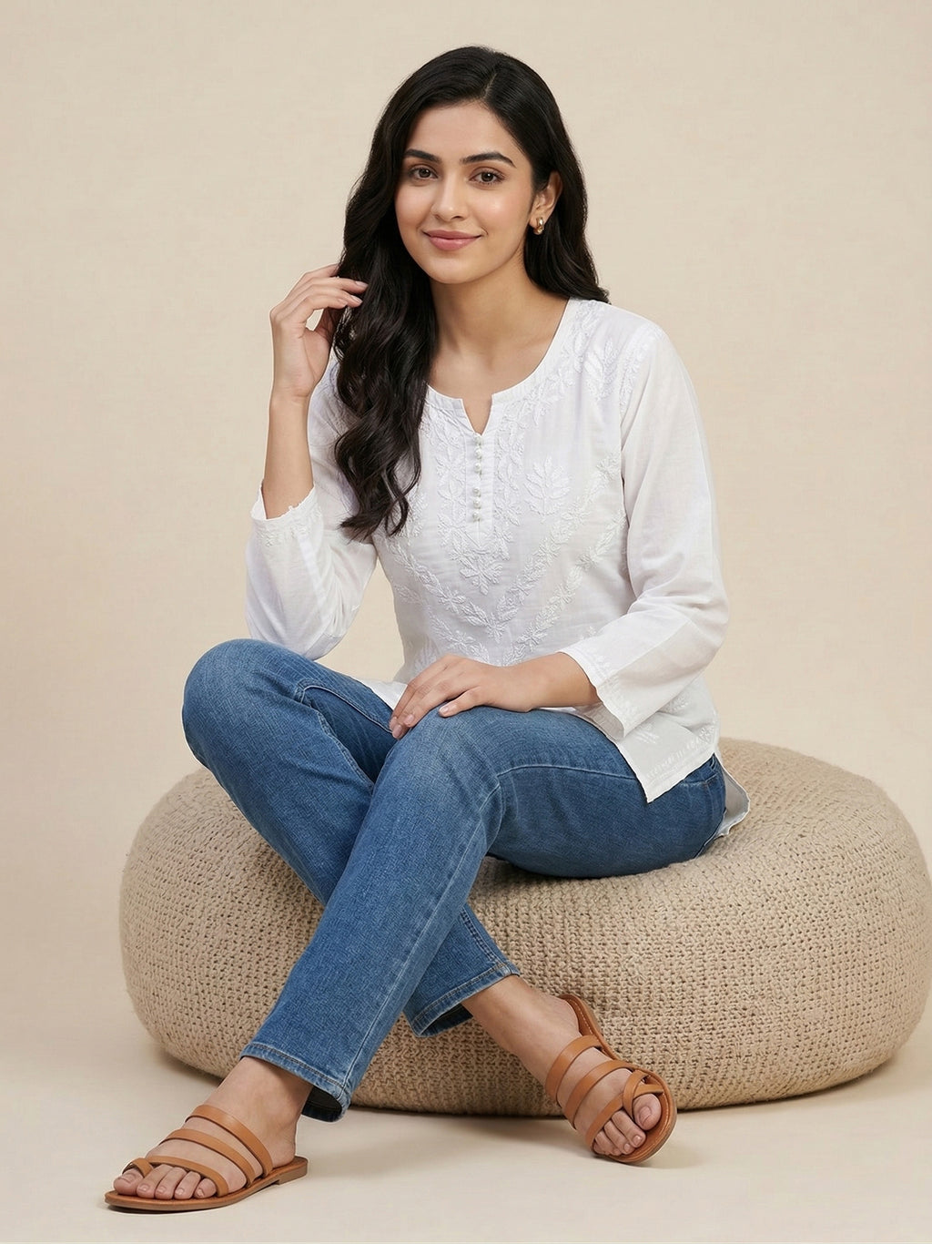 Ethnic Motifs Embroidered Chikankari Pure Cotton Chikankari Kurti