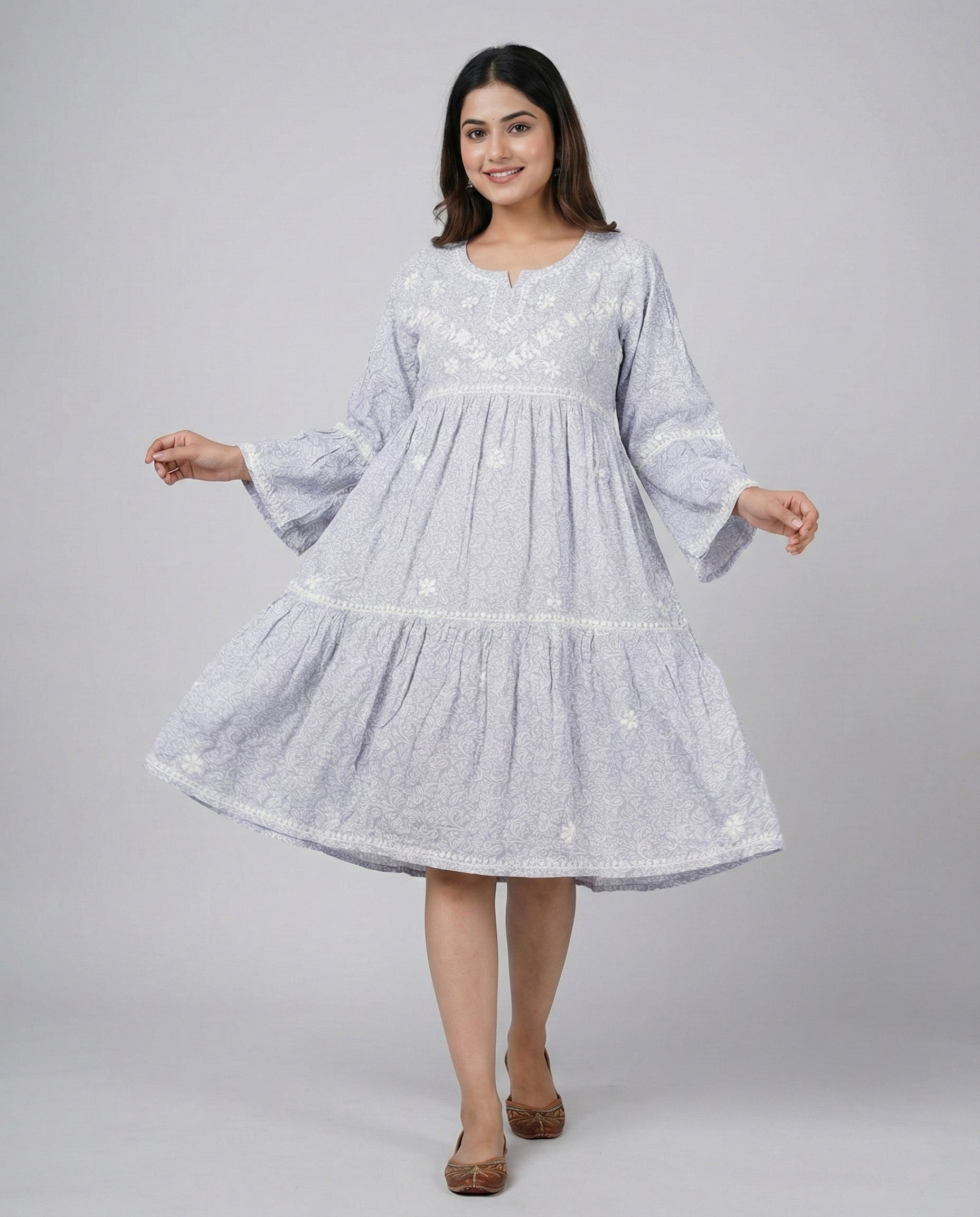 Floral Print Flared Sleeve A-Line Dress