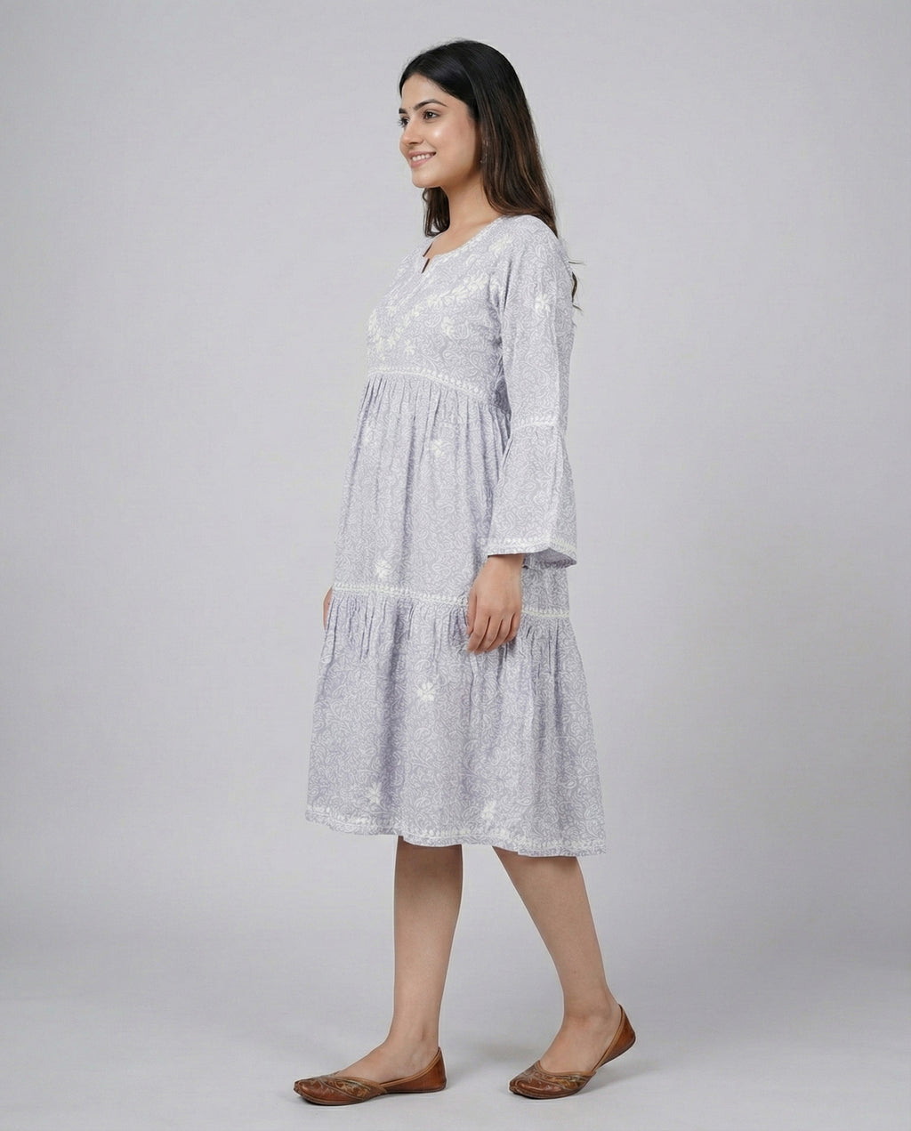 Floral Print Flared Sleeve A-Line Dress