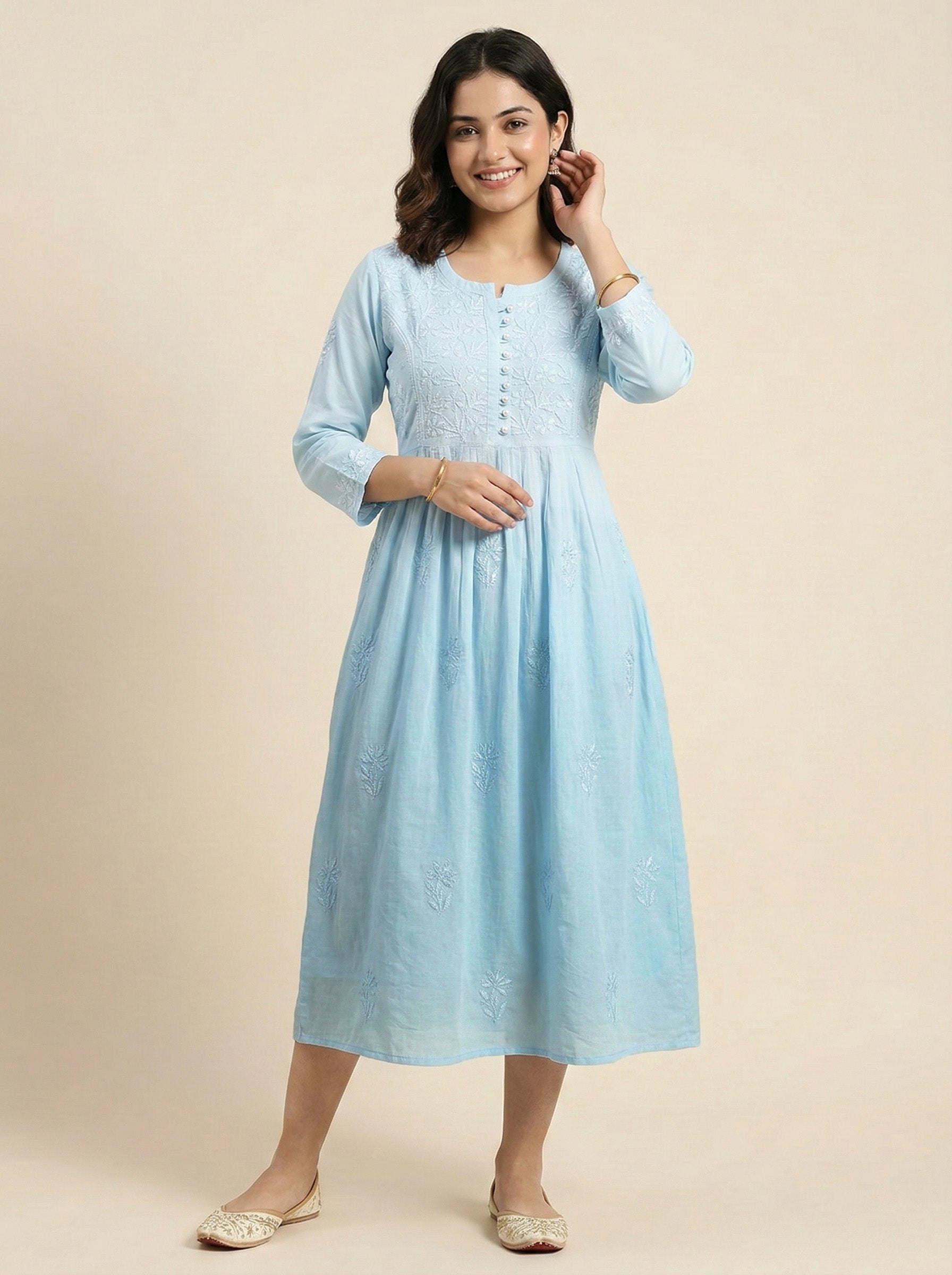Floral Embroidered A-Line Midi Dress