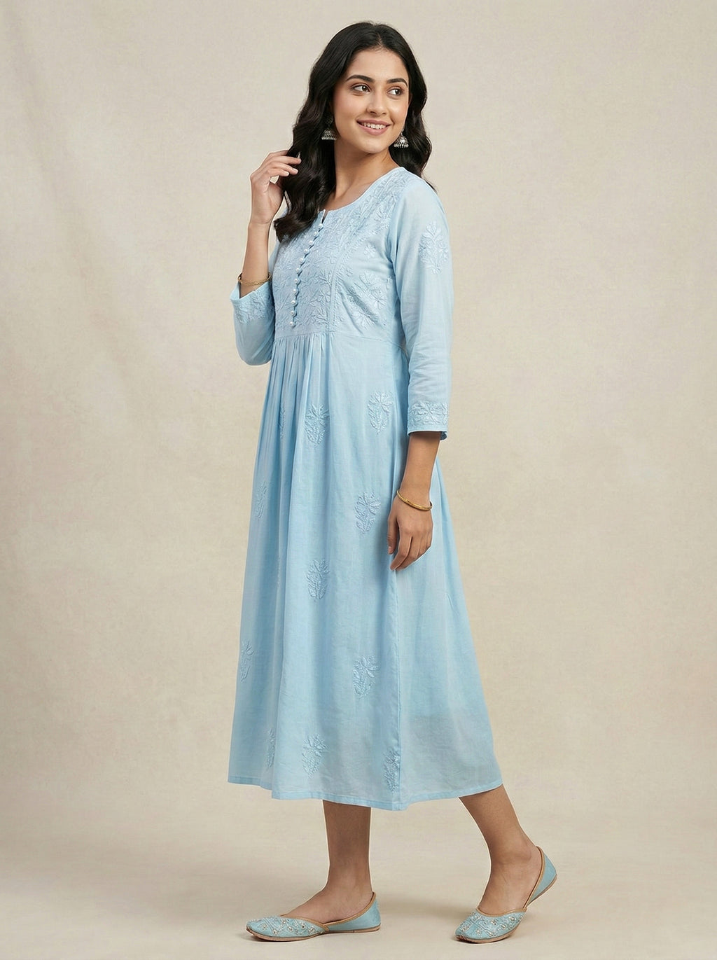 Floral Embroidered A-Line Midi Dress