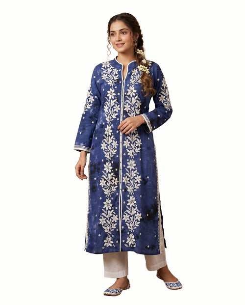 Denim Blue Floral Chikankari Kurta for Women | Ankle-Length Handcrafted Kurta