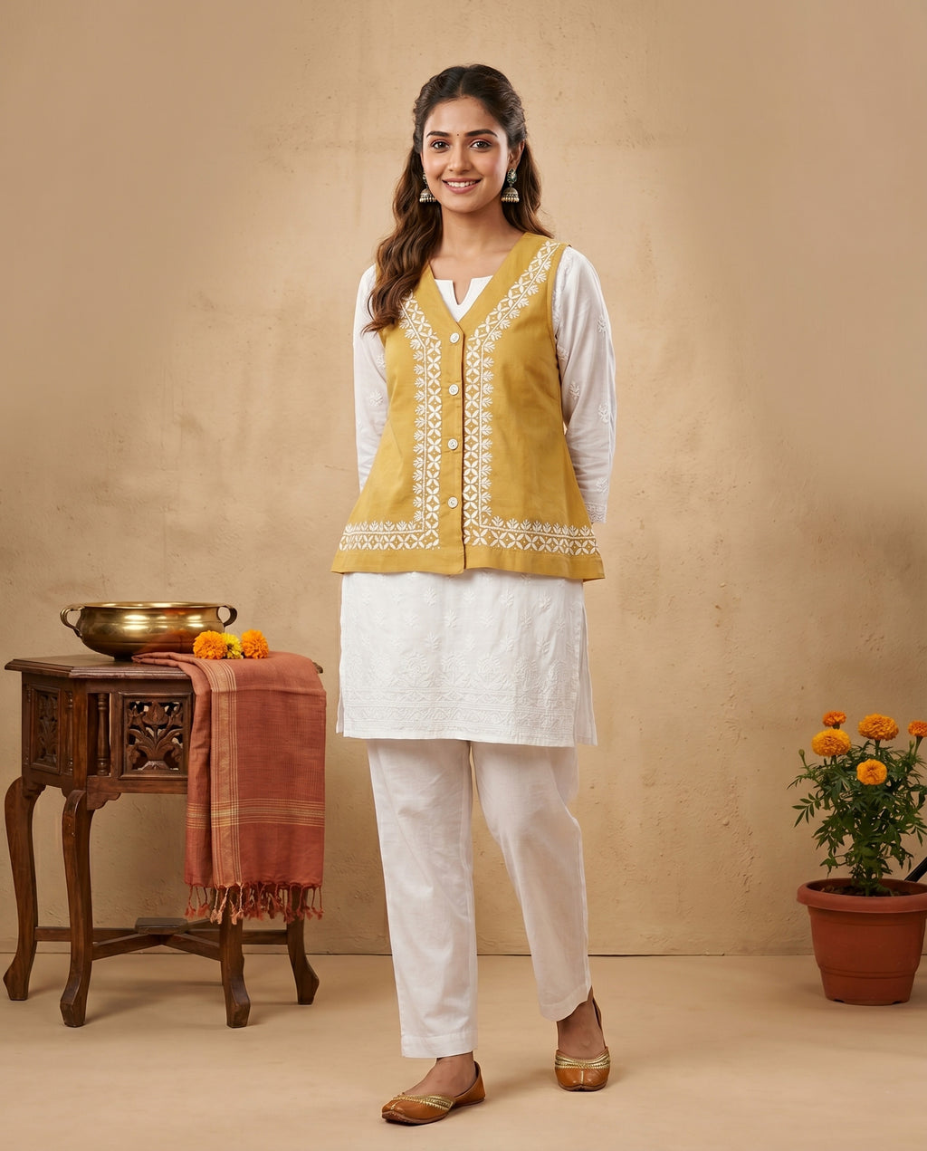 Women Floral Embroidered Chikankari Waist Coat