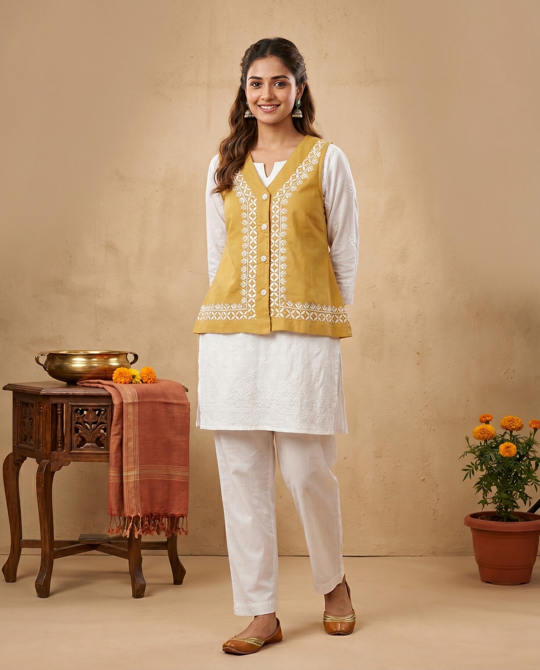 Women Floral Embroidered Chikankari Waist Coat