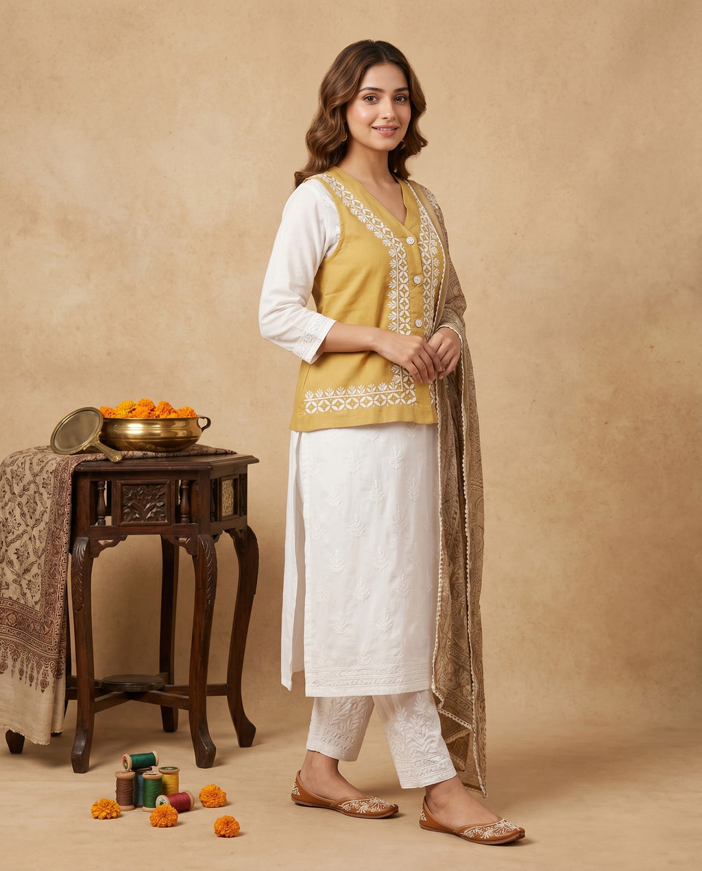 Women Floral Embroidered Chikankari Waist Coat