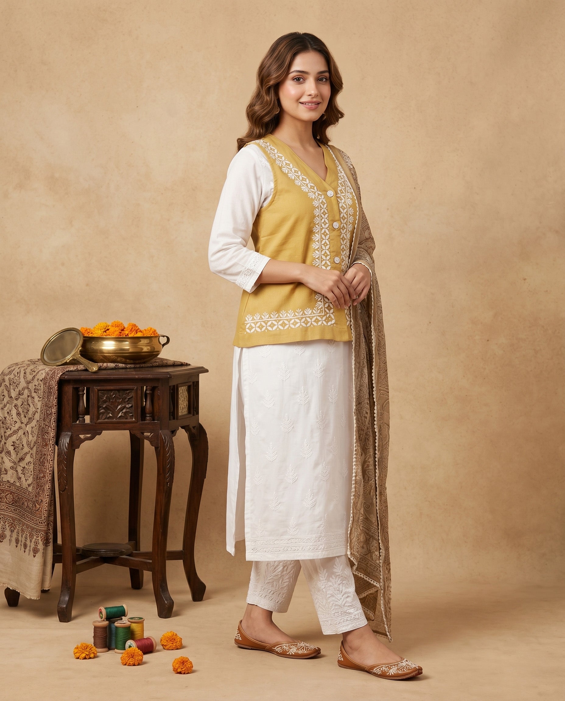 Women Floral Embroidered Chikankari Waist Coat