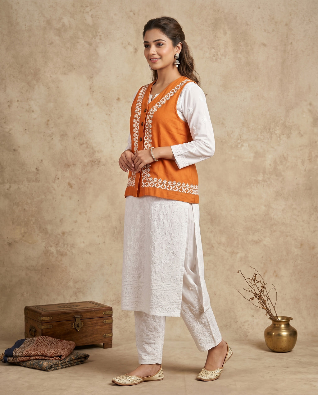 Women Floral Embroidered Chikankari Waist Coat