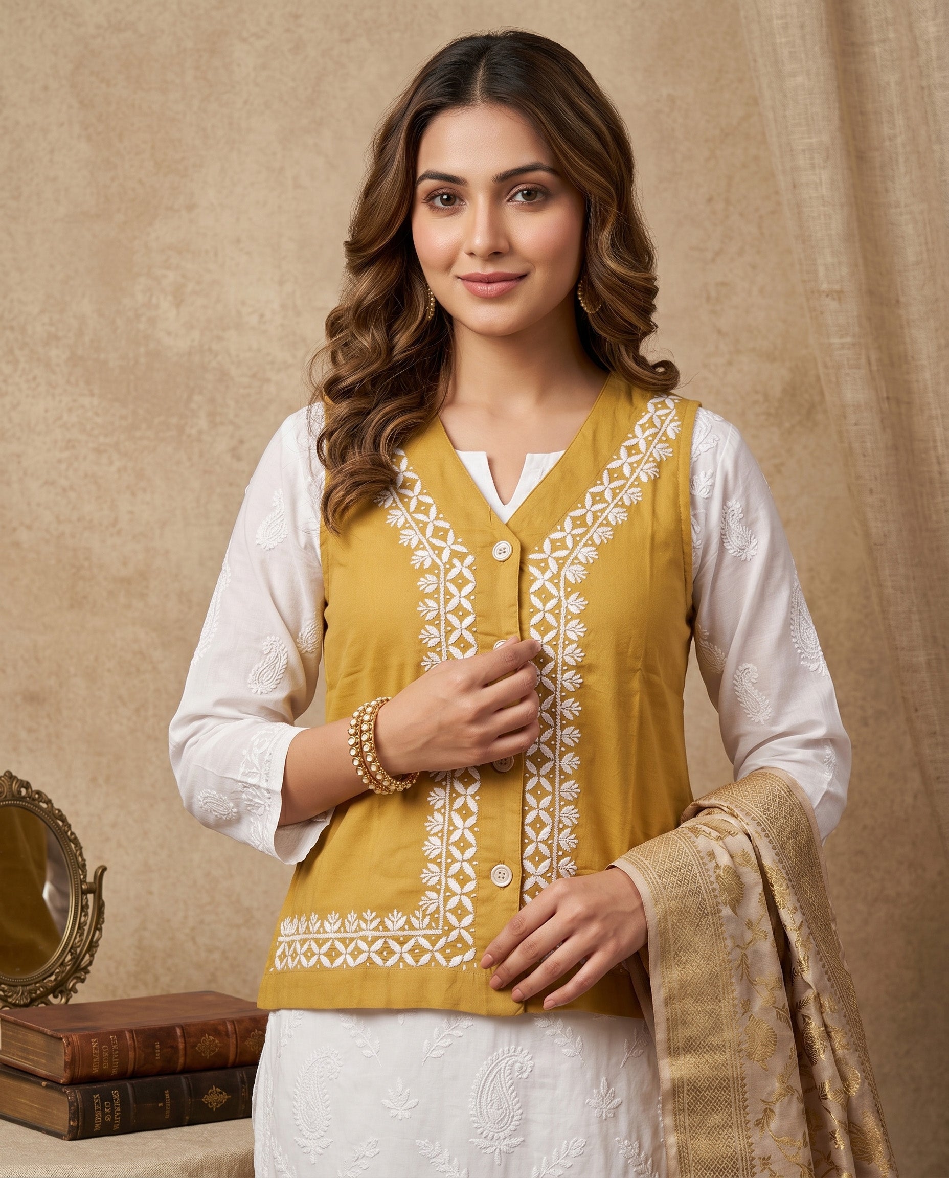 Women Floral Embroidered Chikankari Waist Coat