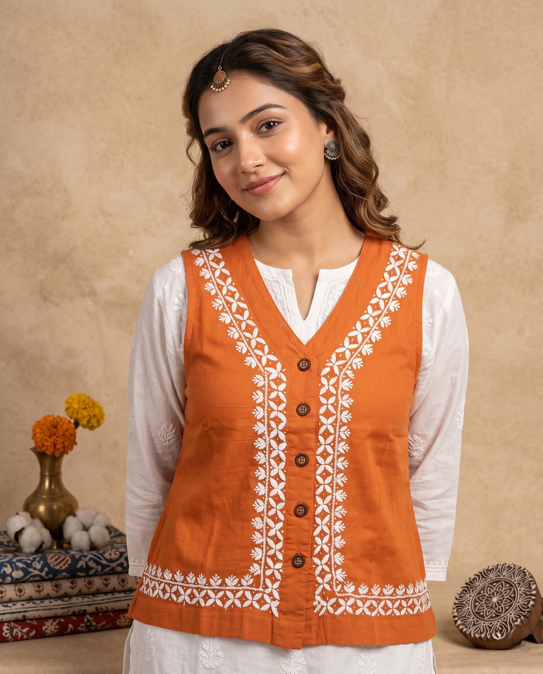 Women Floral Embroidered Chikankari Waist Coat