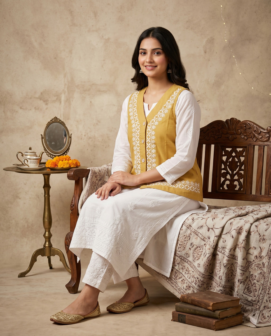 Women Floral Embroidered Chikankari Waist Coat
