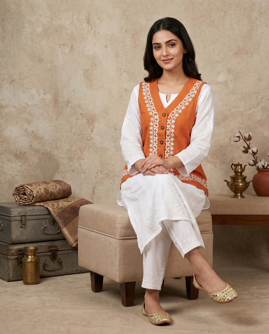Women Floral Embroidered Chikankari Waist Coat